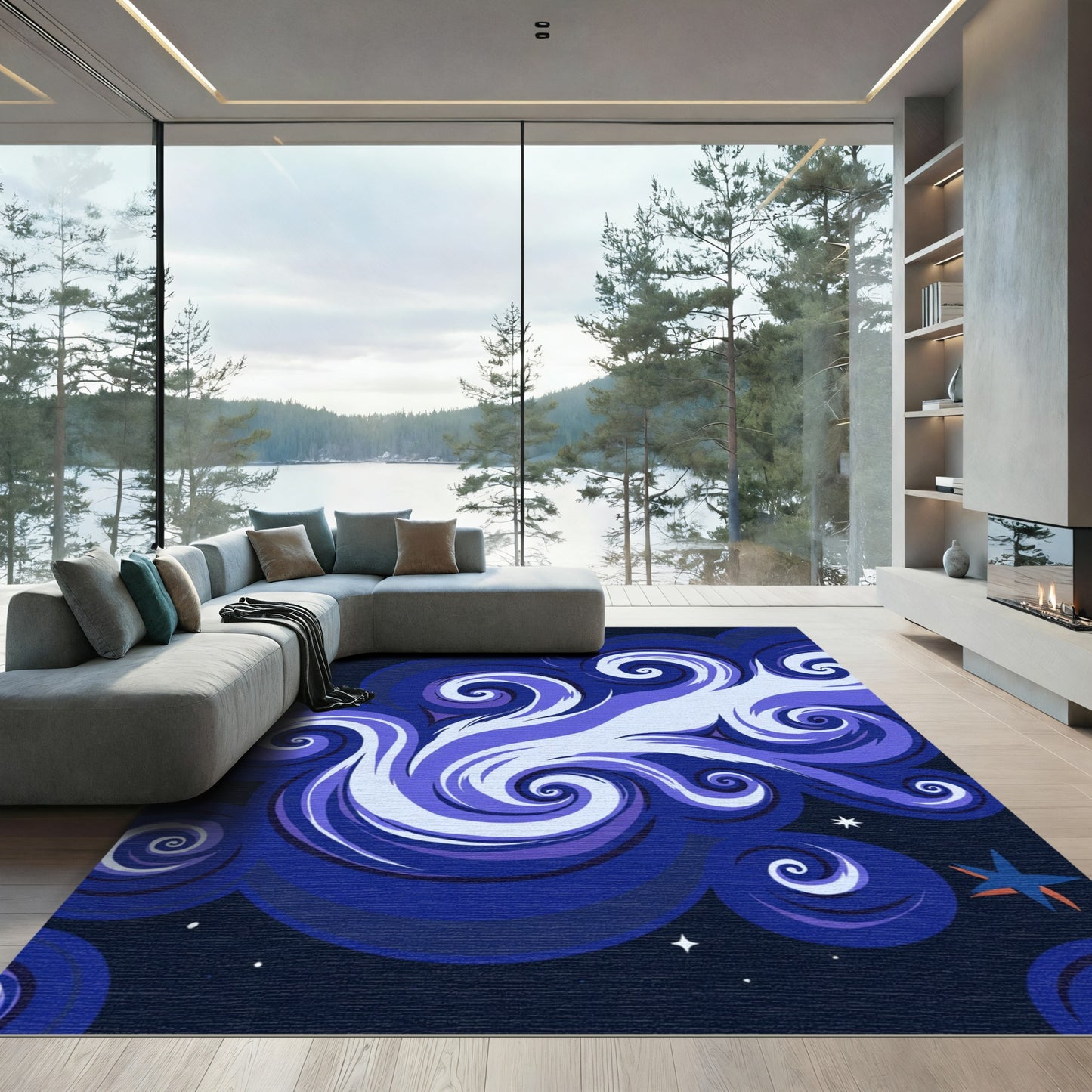 Deep Navy Swirling Starry Night Rug