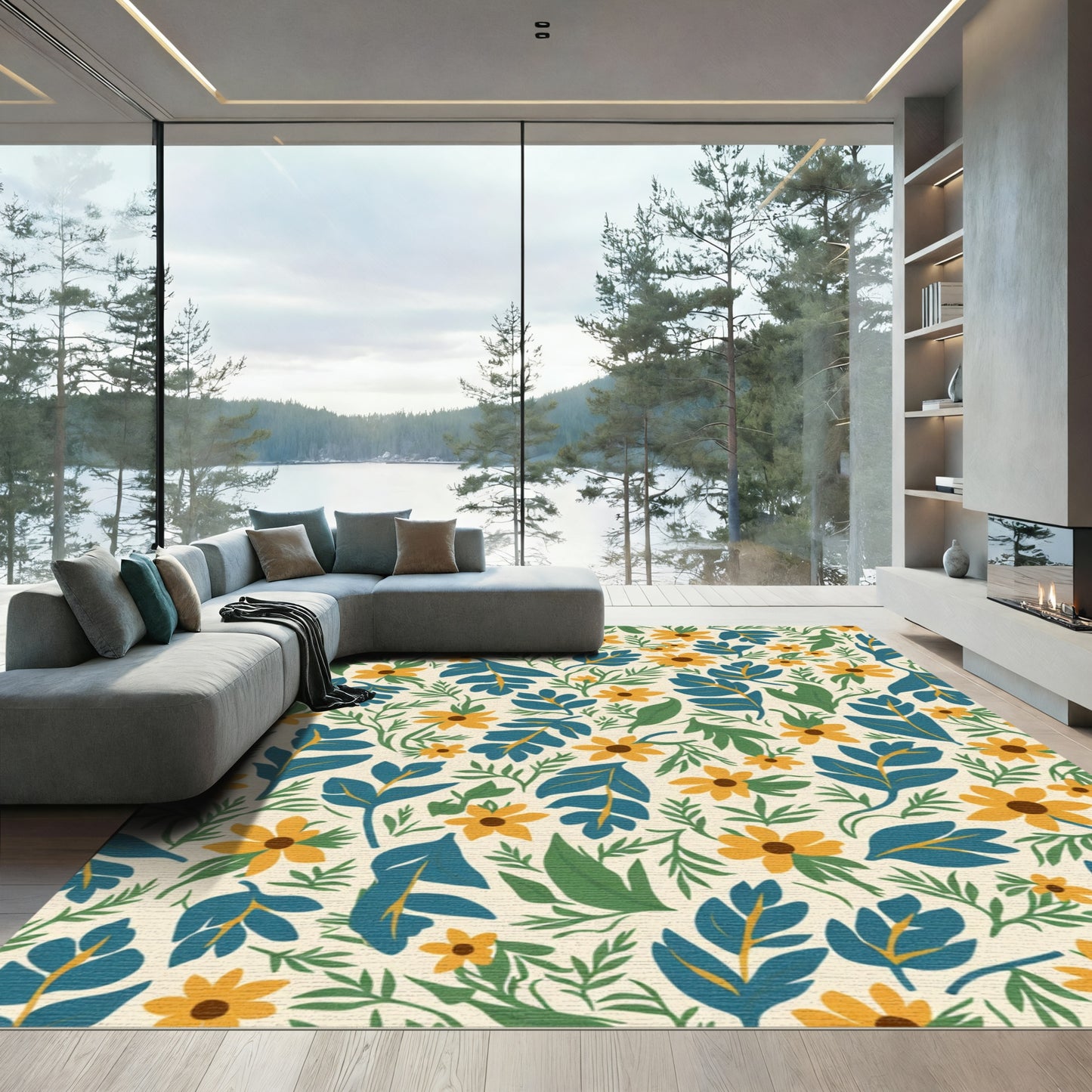Yellow Daisy Botanical Leaf Arrangement Rug