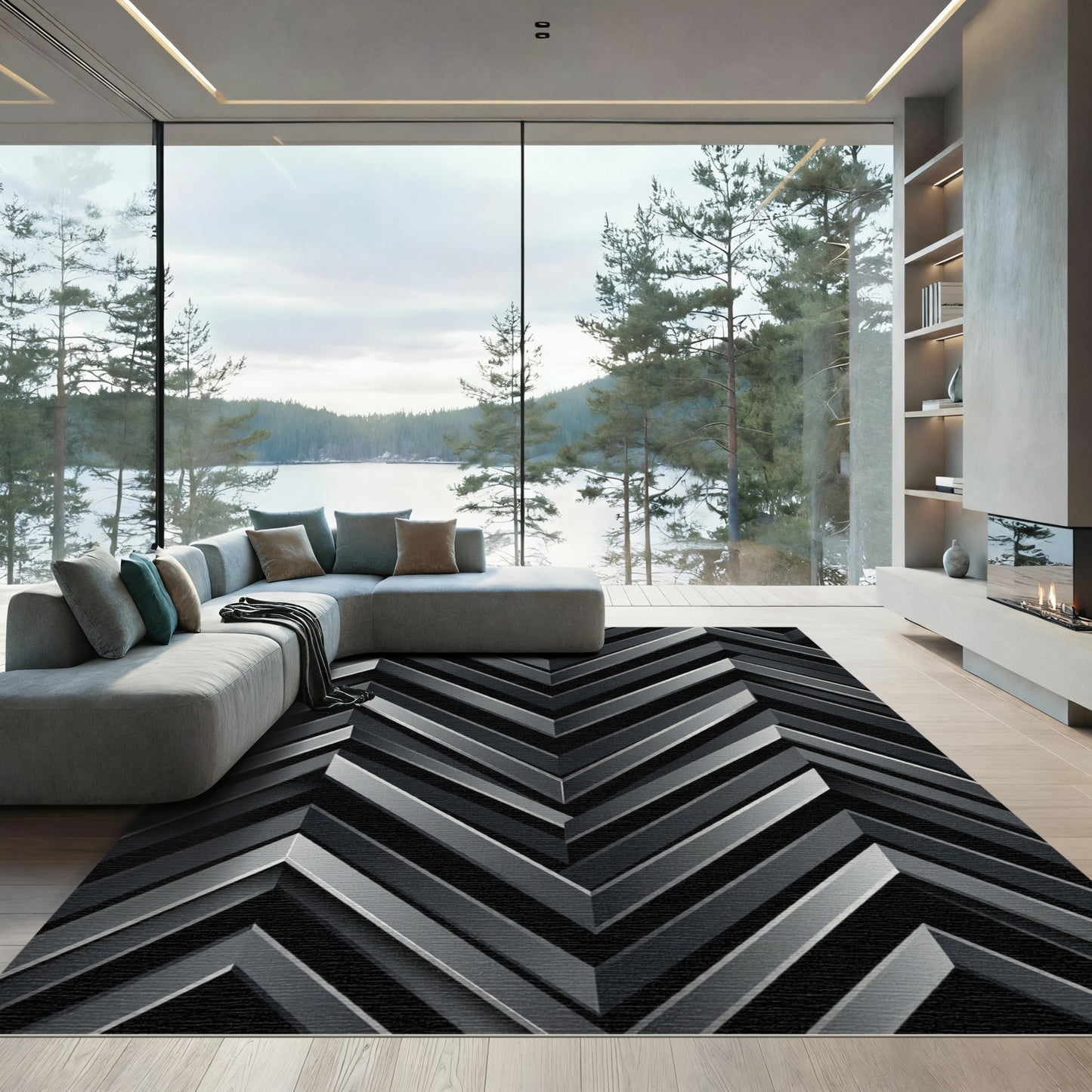 Dark Gray Chevron Geometric Shading Rug