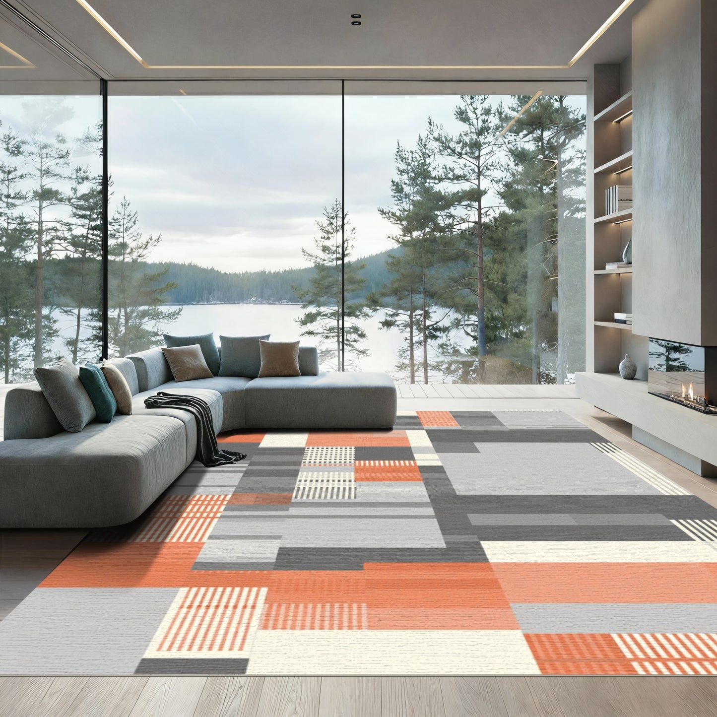 Abstract Coral Gray Geometric Rectangles Rug