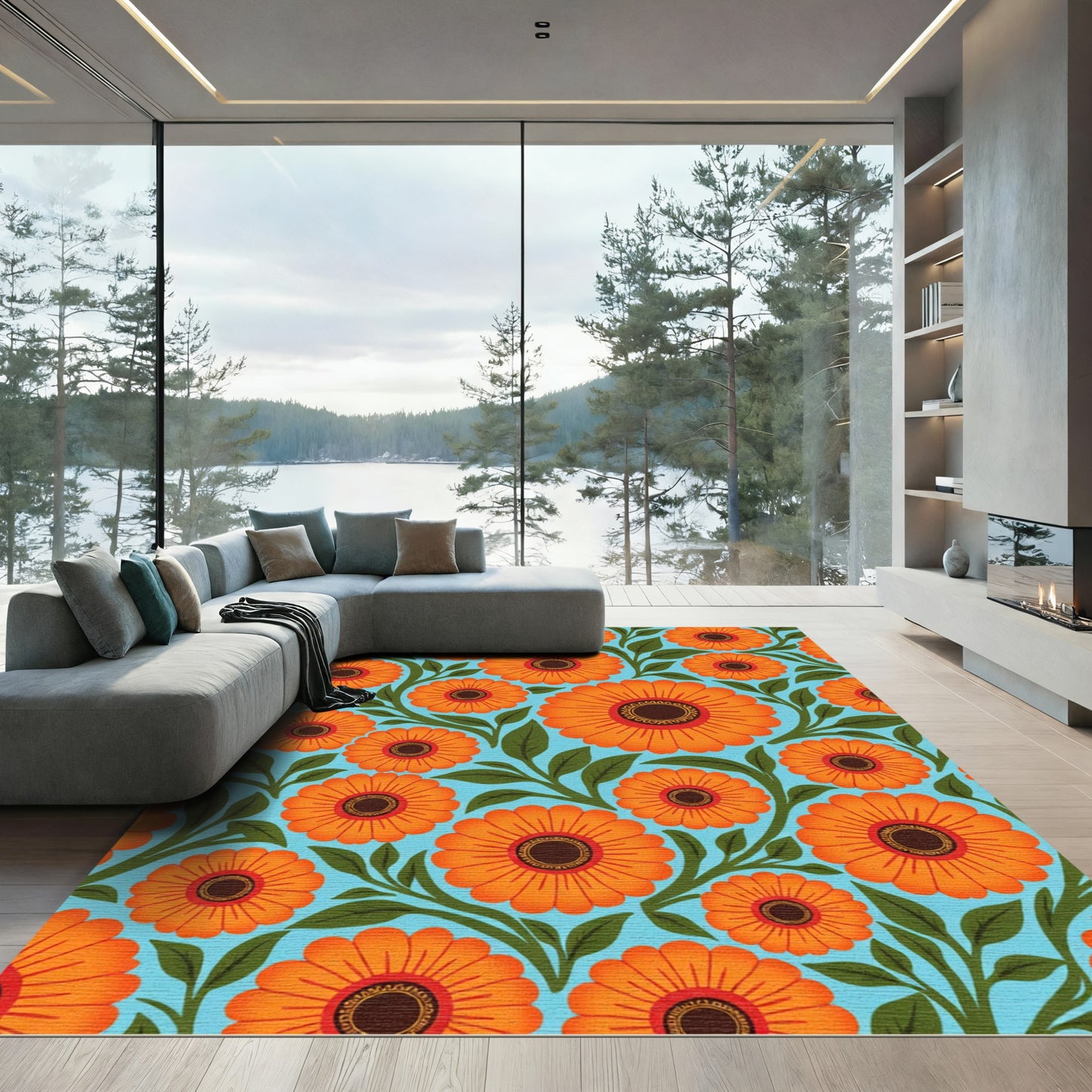 Vibrant Orange Daisy Floral Pattern Rug