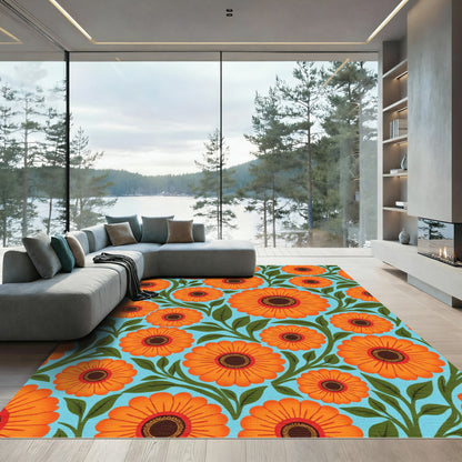 Vibrant Orange Daisy Floral Pattern Rug