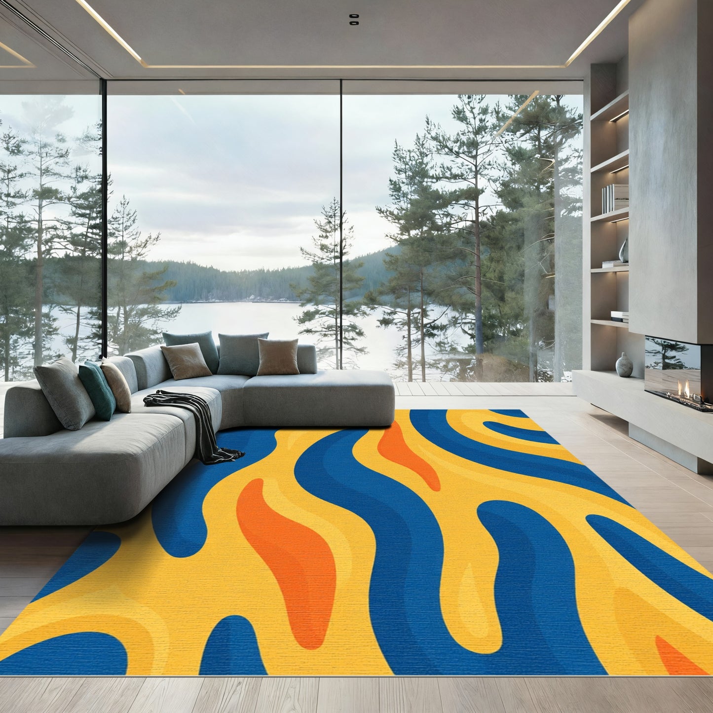 Orange Blue Yellow Wavy Abstract Rug