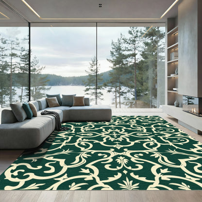 Classic Cream Emerald Damask Scrolls Rug