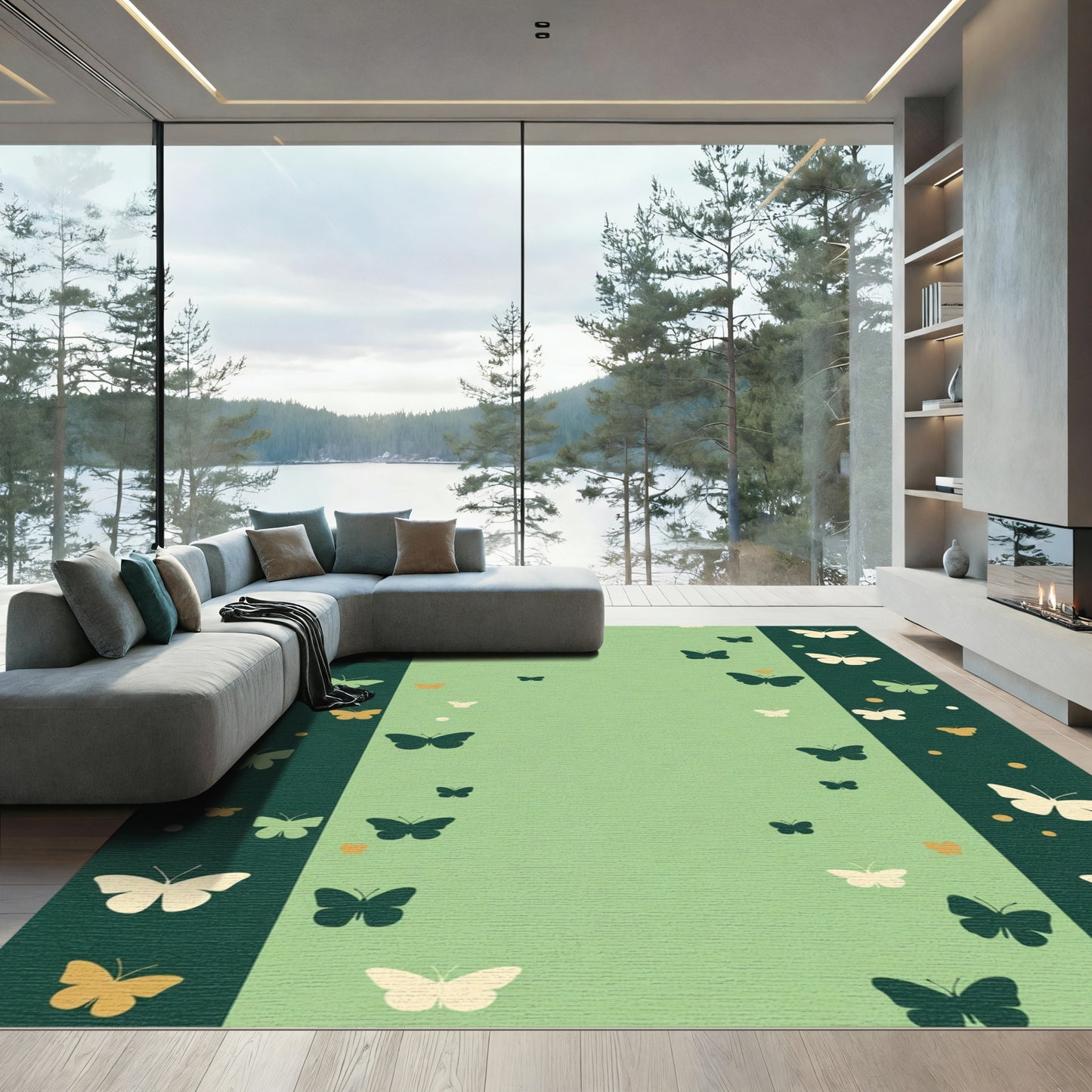 Whimsical Emerald Butterfly Garden Rug
