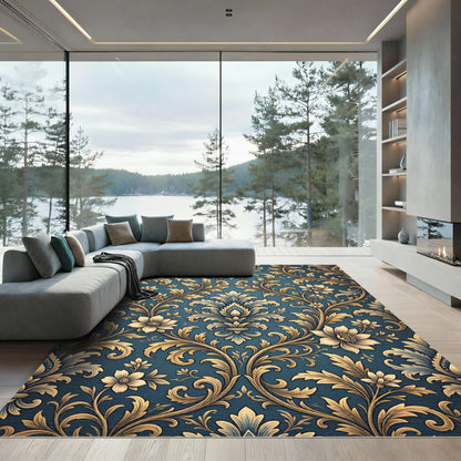 Rich Teal Golden Floral Damask Rug