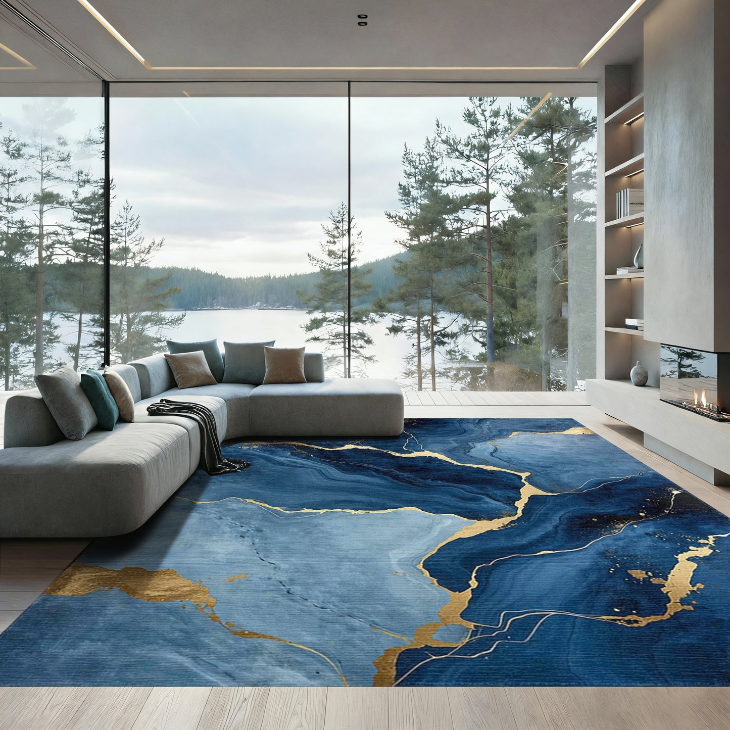 Navy Blue Gold Vein Swirl Rug