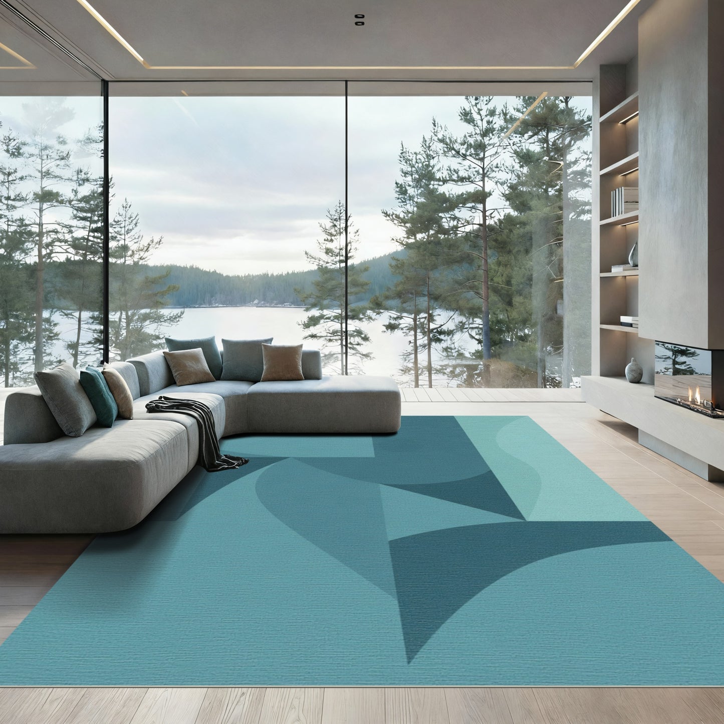 Teal Abstract Geometric Curve Composition Rug