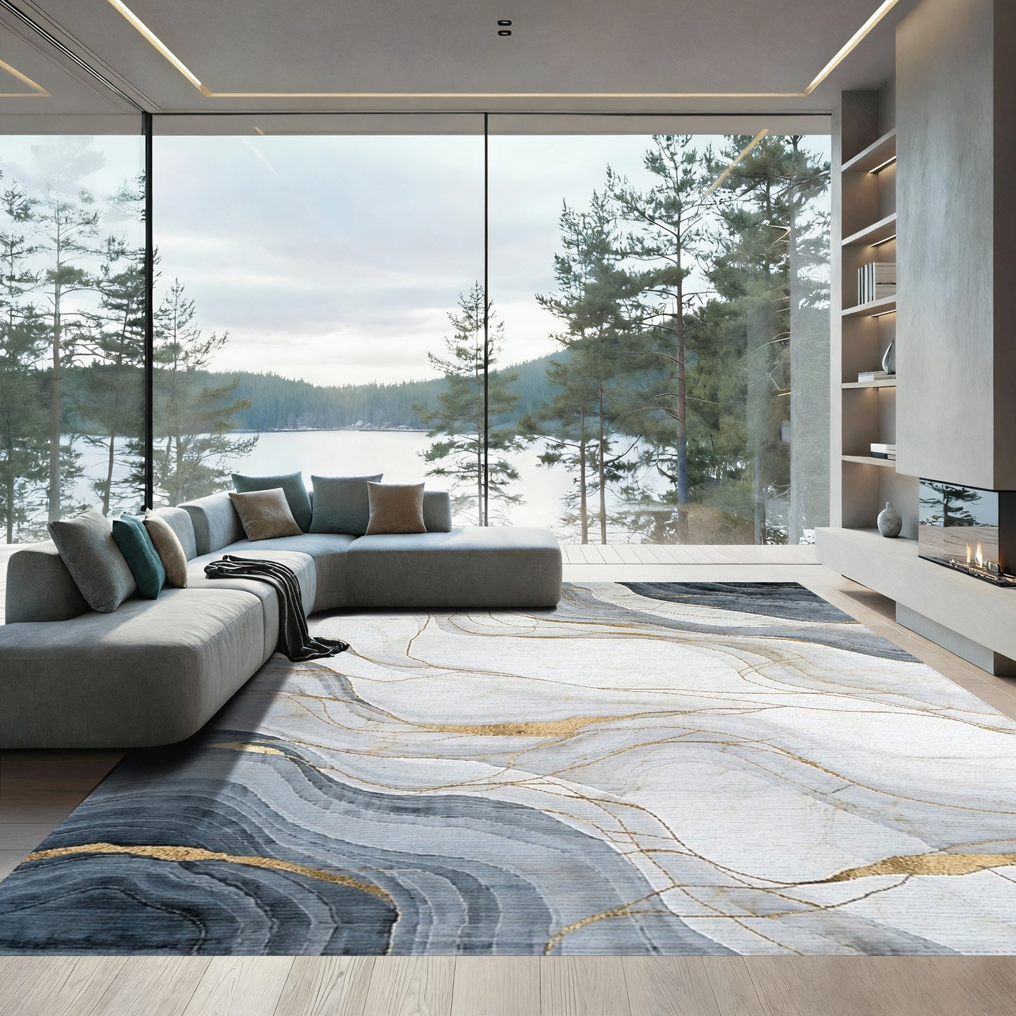 Gray Gold Veined Wave Rug
