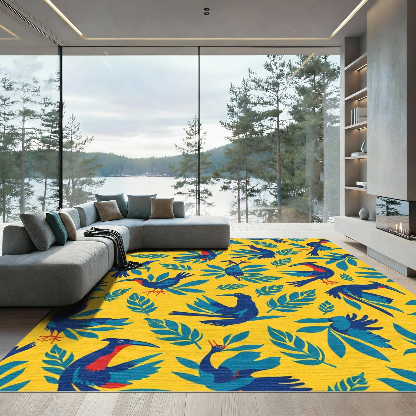 Bold Blue Bird Botanical Yellow Ground Rug