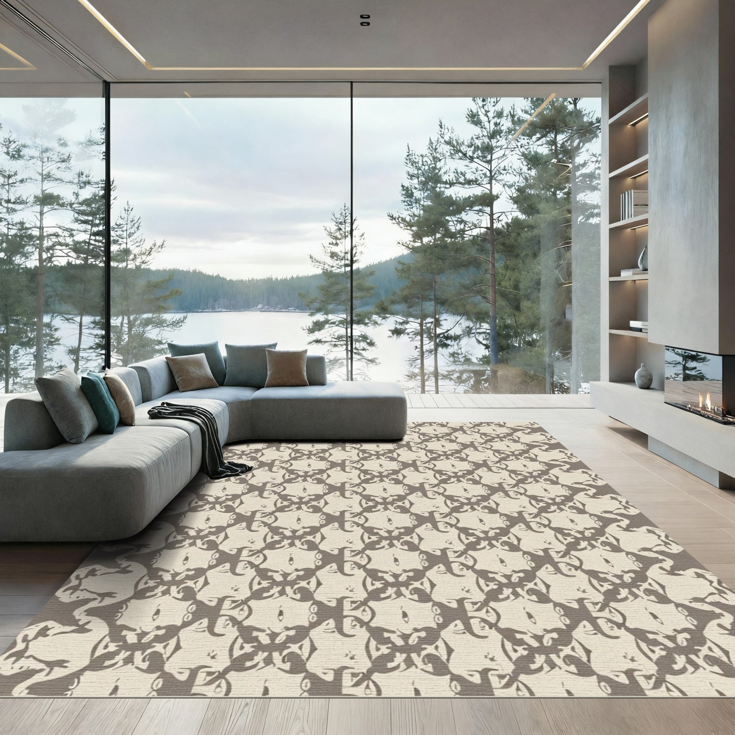 Taupe Abstract Face Repeating Overlay Rug