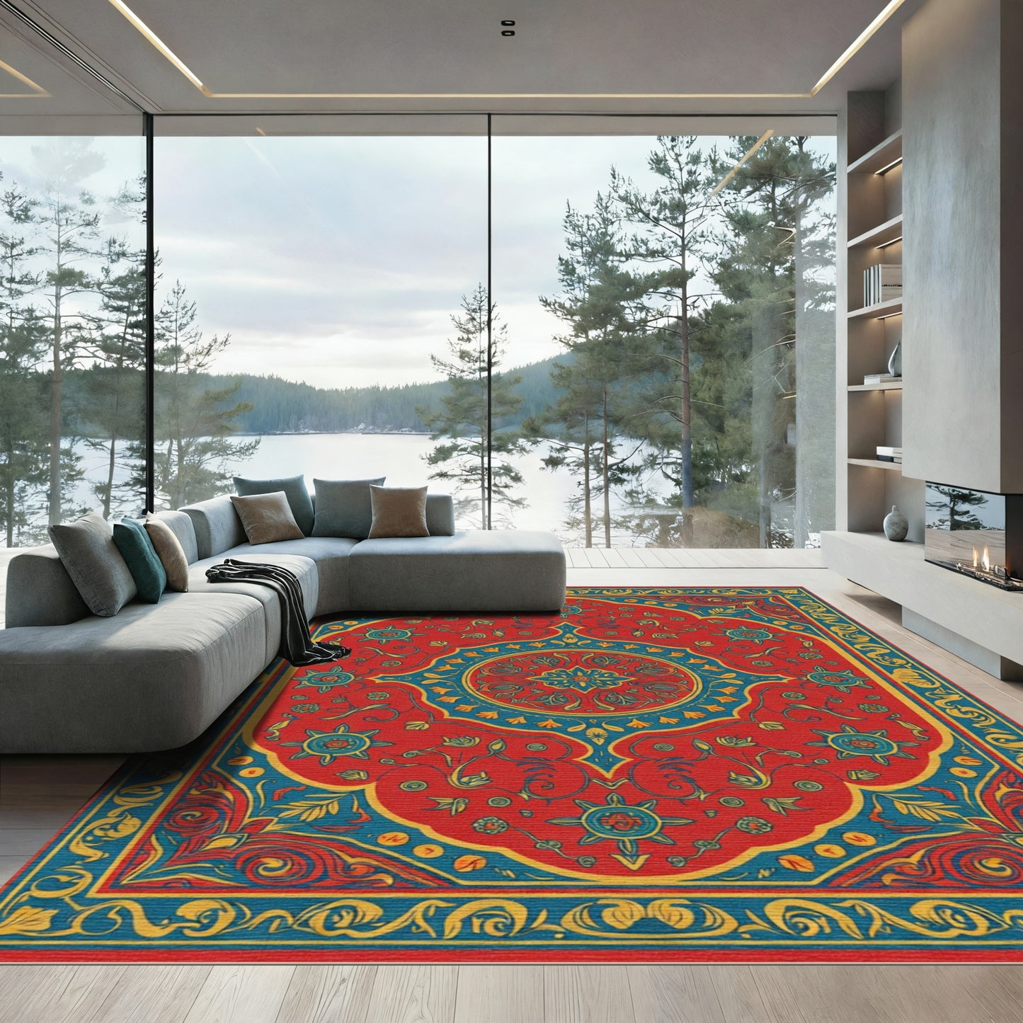 Crimson Blue Floral Medallion Rug