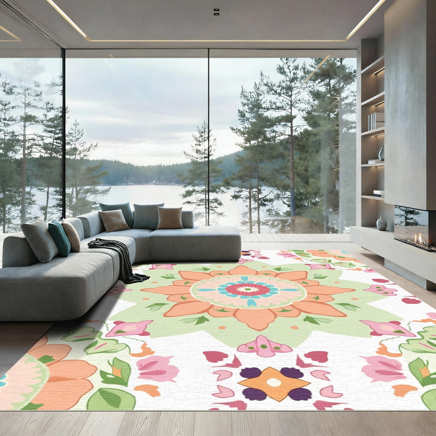 Coral Pink Green Floral Mandala Rug