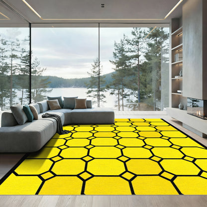 Bright Yellow Geometric Octagon Grid Rug