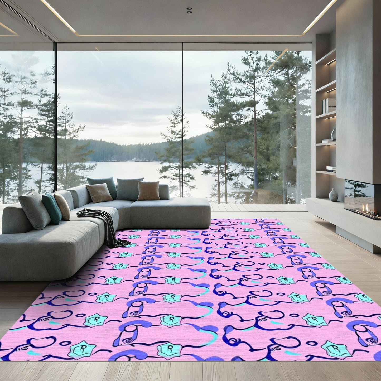 Pink Abstract Swirls Aquamarine Stars Rug