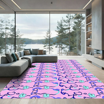 Pink Abstract Swirls Aquamarine Stars Rug