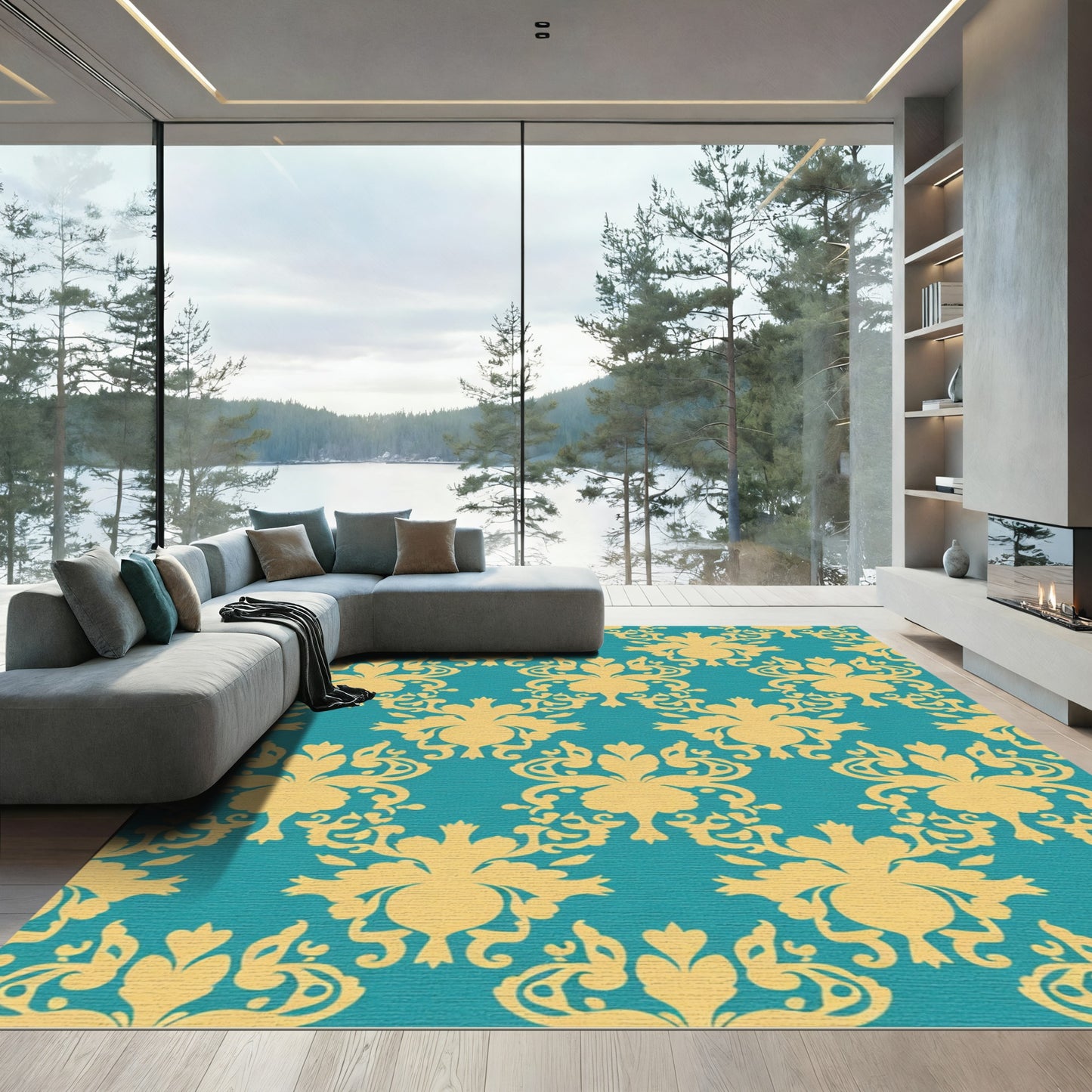 Golden Floral Damask Teal Ground Rug