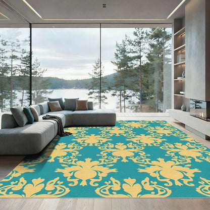 Golden Floral Damask Teal Ground Rug