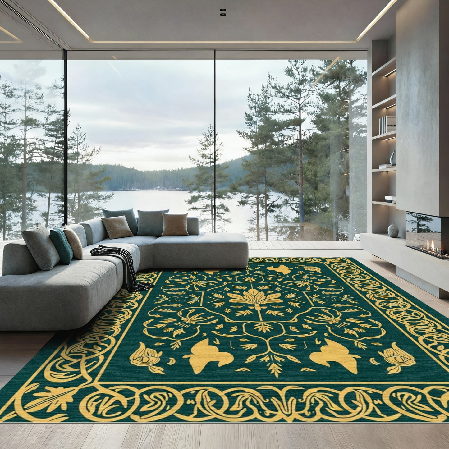 Emerald Gold Botanical Birds Border Rug