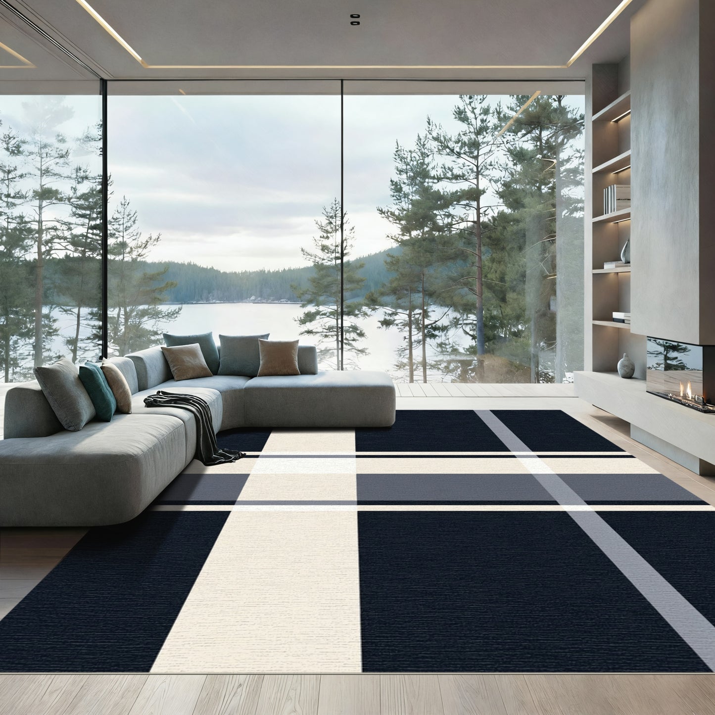 Navy Cream Muted Plaid Blanket Rug