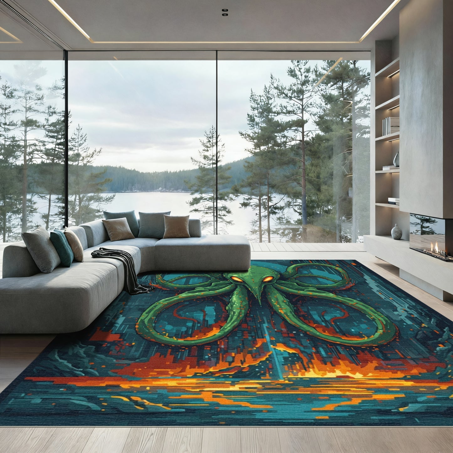 Green Tentacle Creature Pixel Landscape Rug