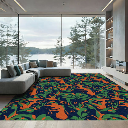 Navy Blue Orange Green Abstract Foliage Rug