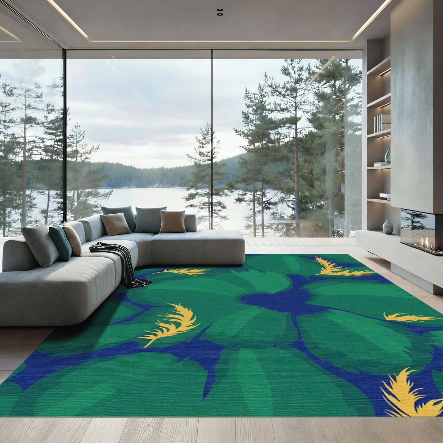 Emerald Green Feathered Floral Overlay Rug