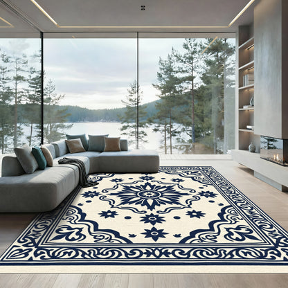 Dark Blue Floral Medallion Cream Rug