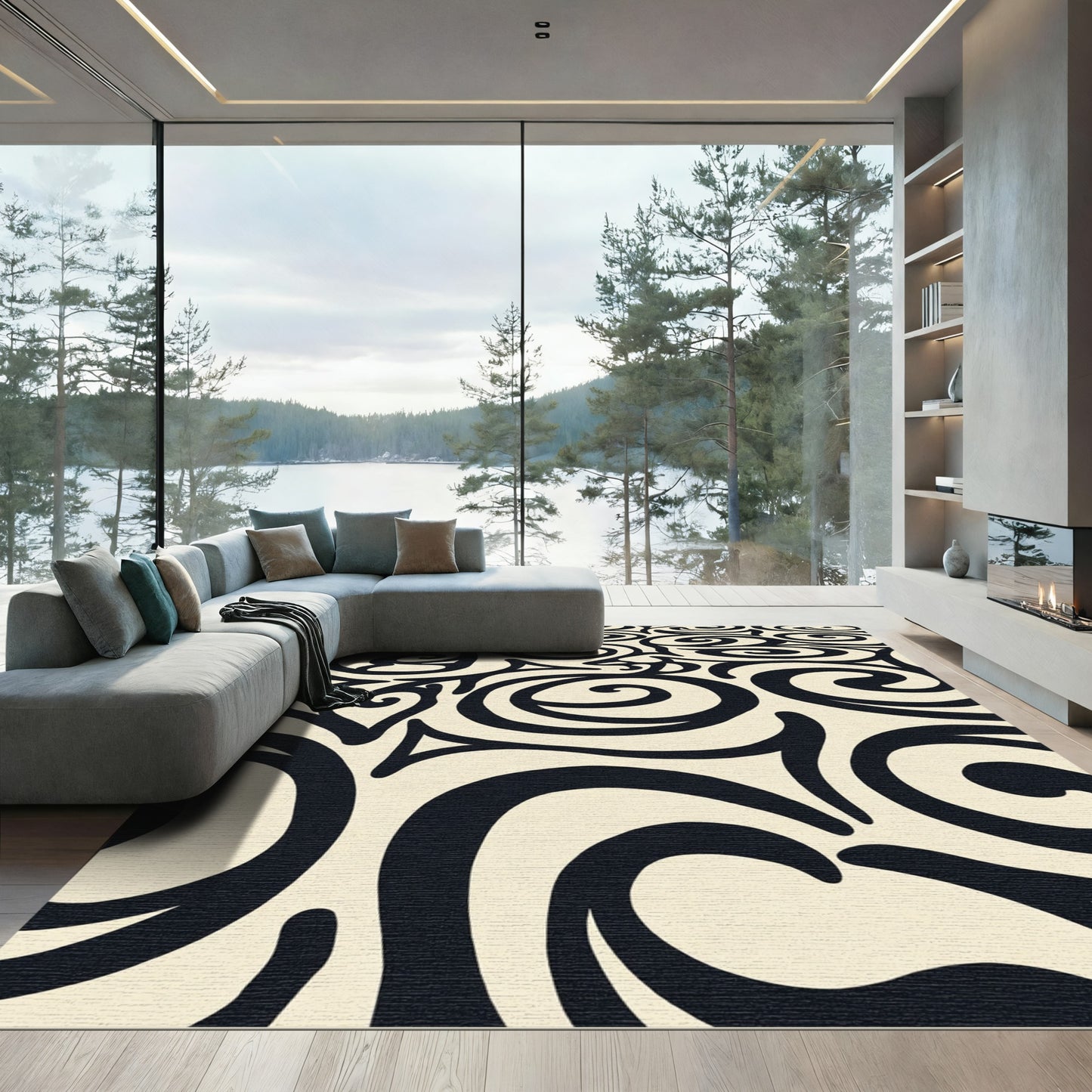 Elegant Cream Black Swirl Ornament Rug