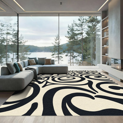 Elegant Cream Black Swirl Ornament Rug