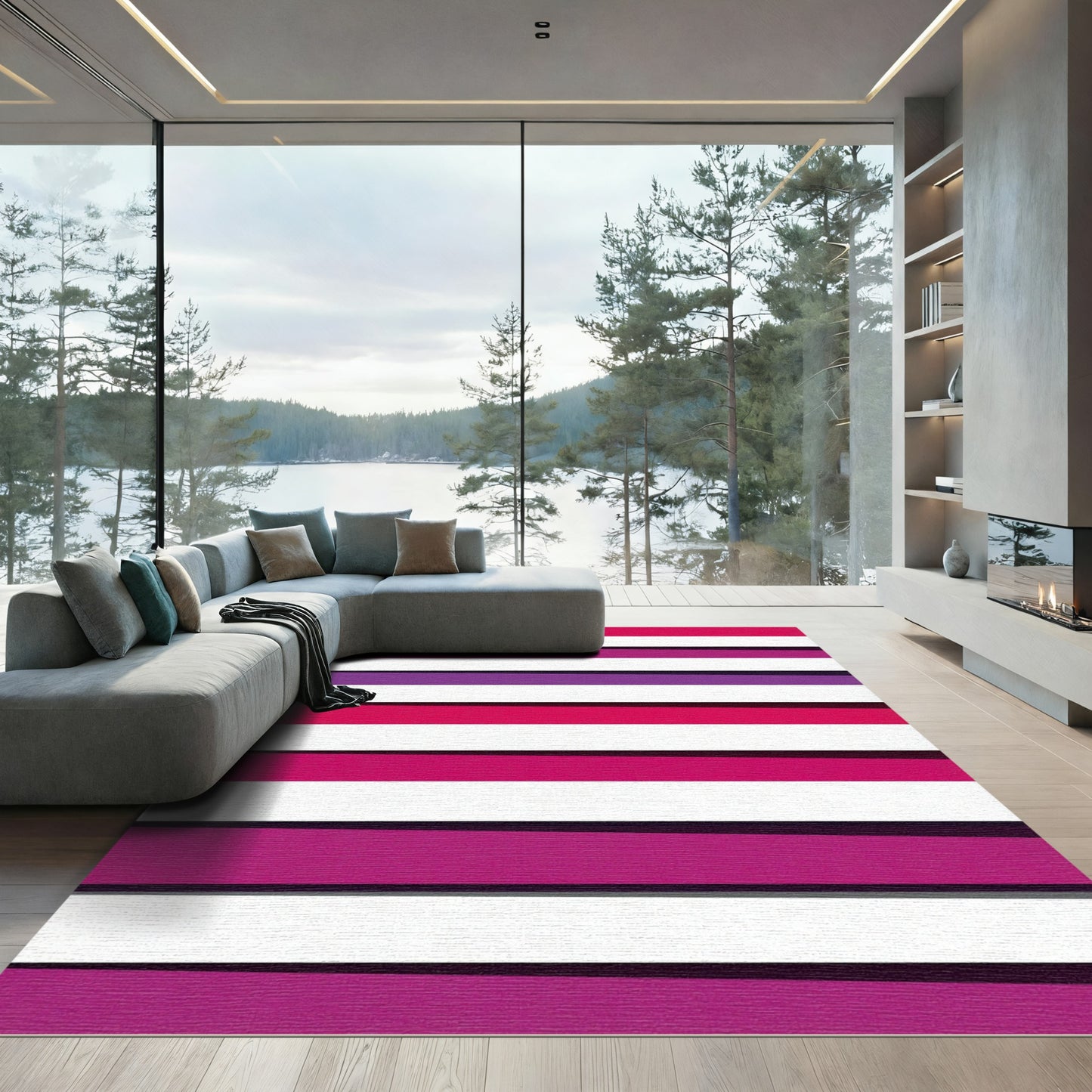 Magenta Purple White Horizontal Stripe Rug