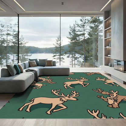 Green Tan Antlered Deer Repeating Elements Rug