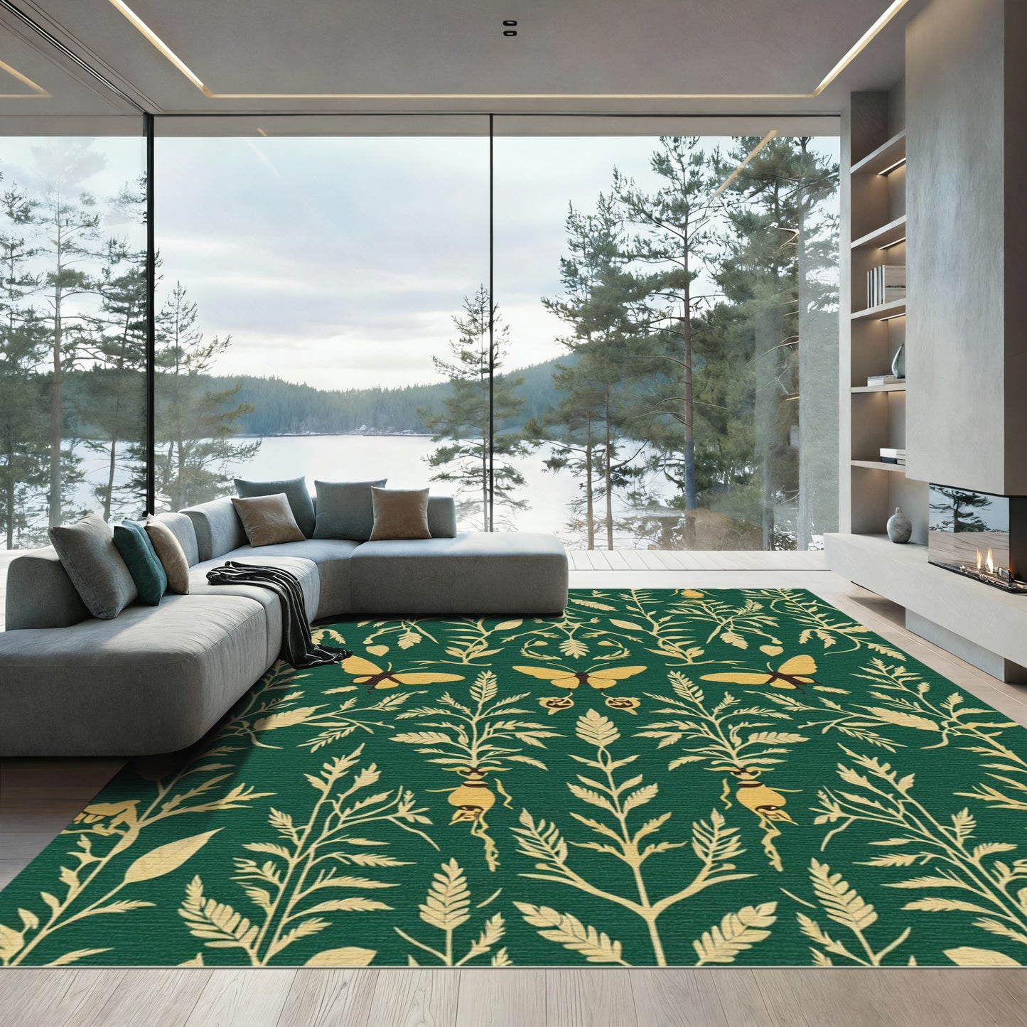 Emerald Green Botanical Butterfly Rug