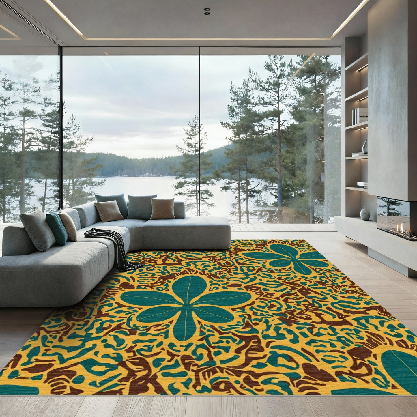 Teal Leaf Yellow Abstract Swirl Rug