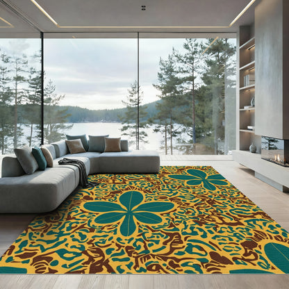 Teal Leaf Yellow Abstract Swirl Rug