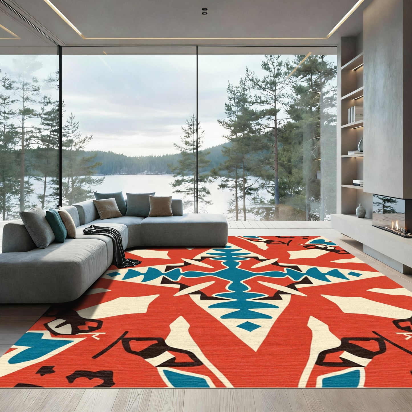 Red Blue Cream Geometric Medallion Rug