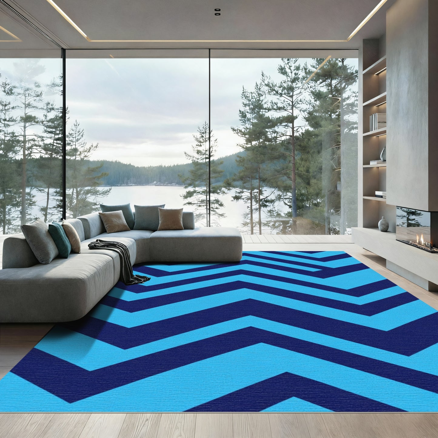 Bright Navy Aqua Chevron Stripes Rug