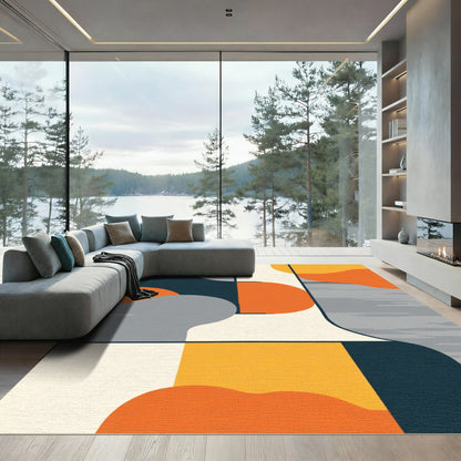 Modern Geometric Ochre and Teal Abstract Rug