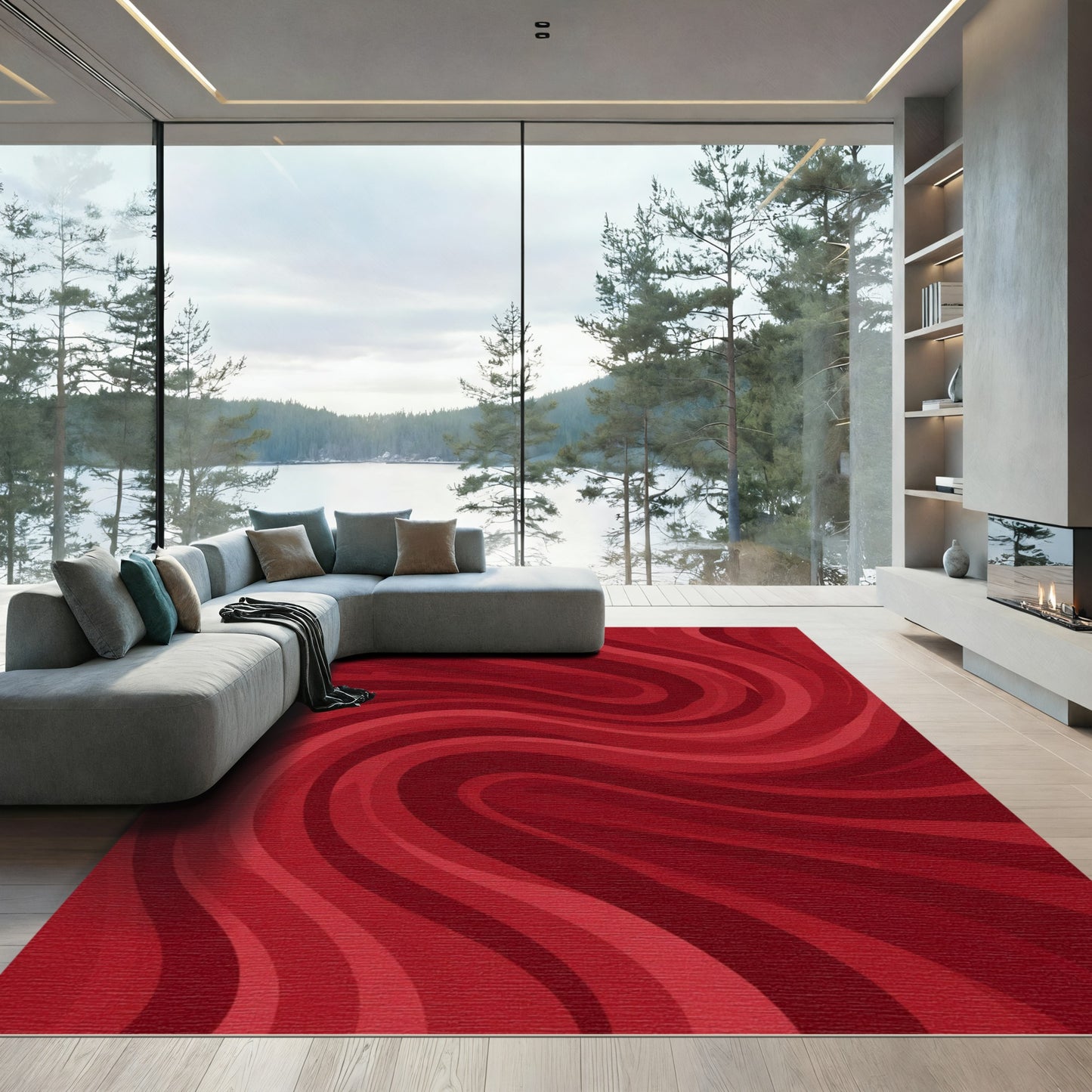 Crimson Swirl Abstract Curves Rug