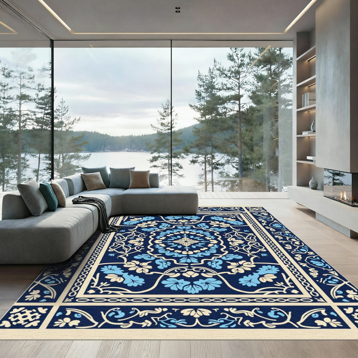 Navy Blue Floral Medallion Border Rug