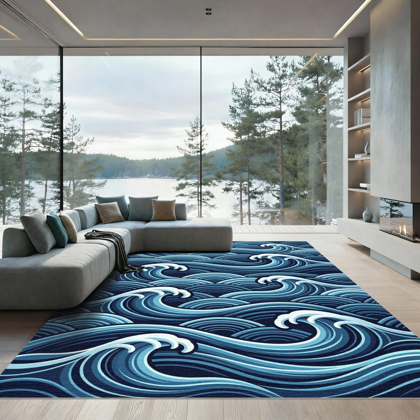 Deep Blue Dynamic Ocean Wave Rug