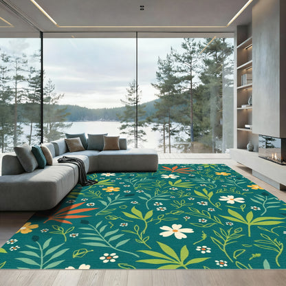 Teal Floral Leaf Garden Rug