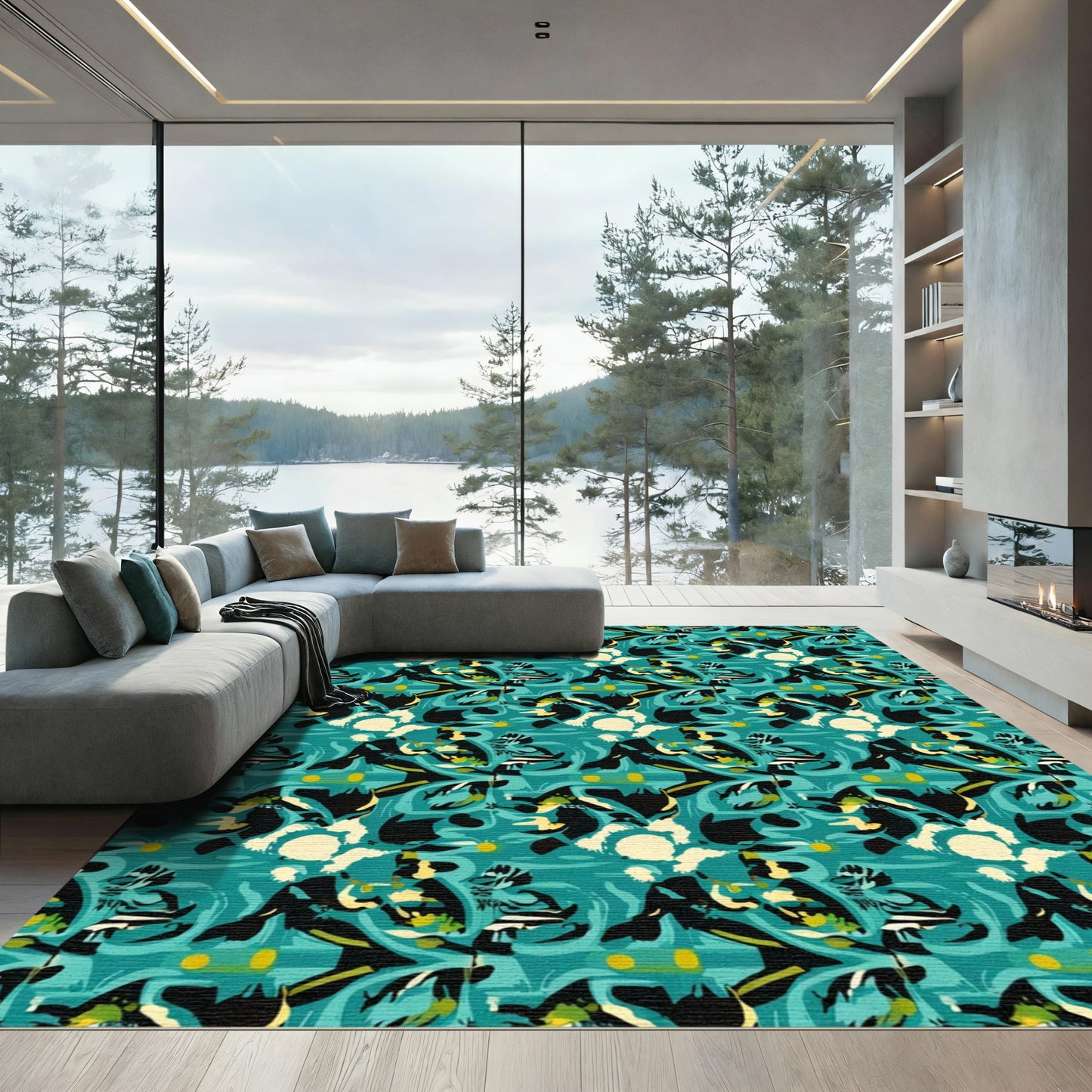 Abstract Teal Black Yellow Flow Rug