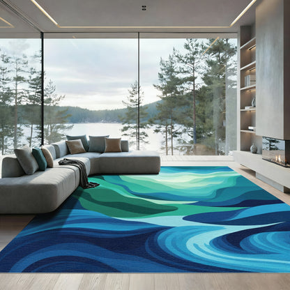 Oceanic Cool Tone Layered Waves Rug