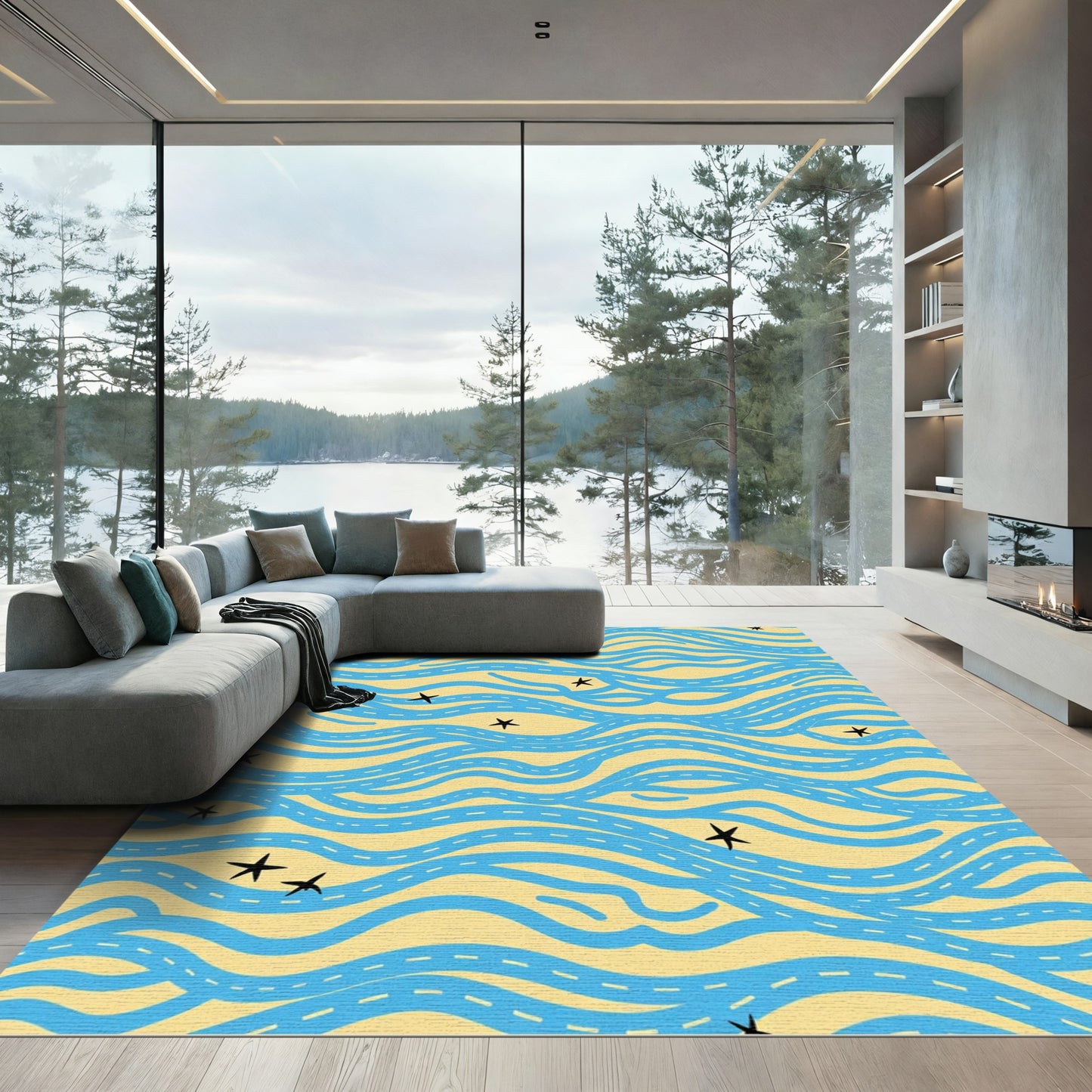 Wavy Blue Road Stars Pattern Rug