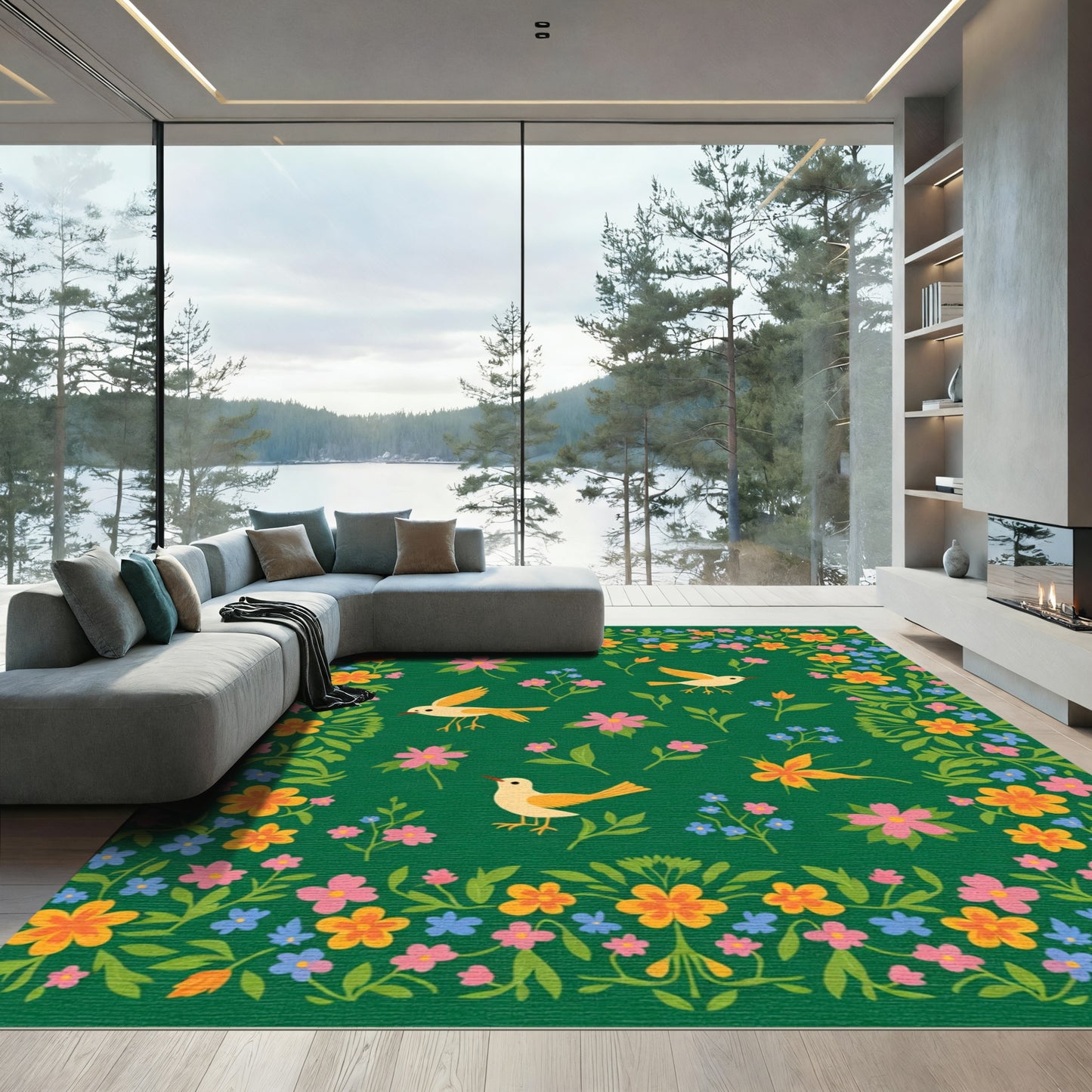 Whimsical Birds Floral Border Rug