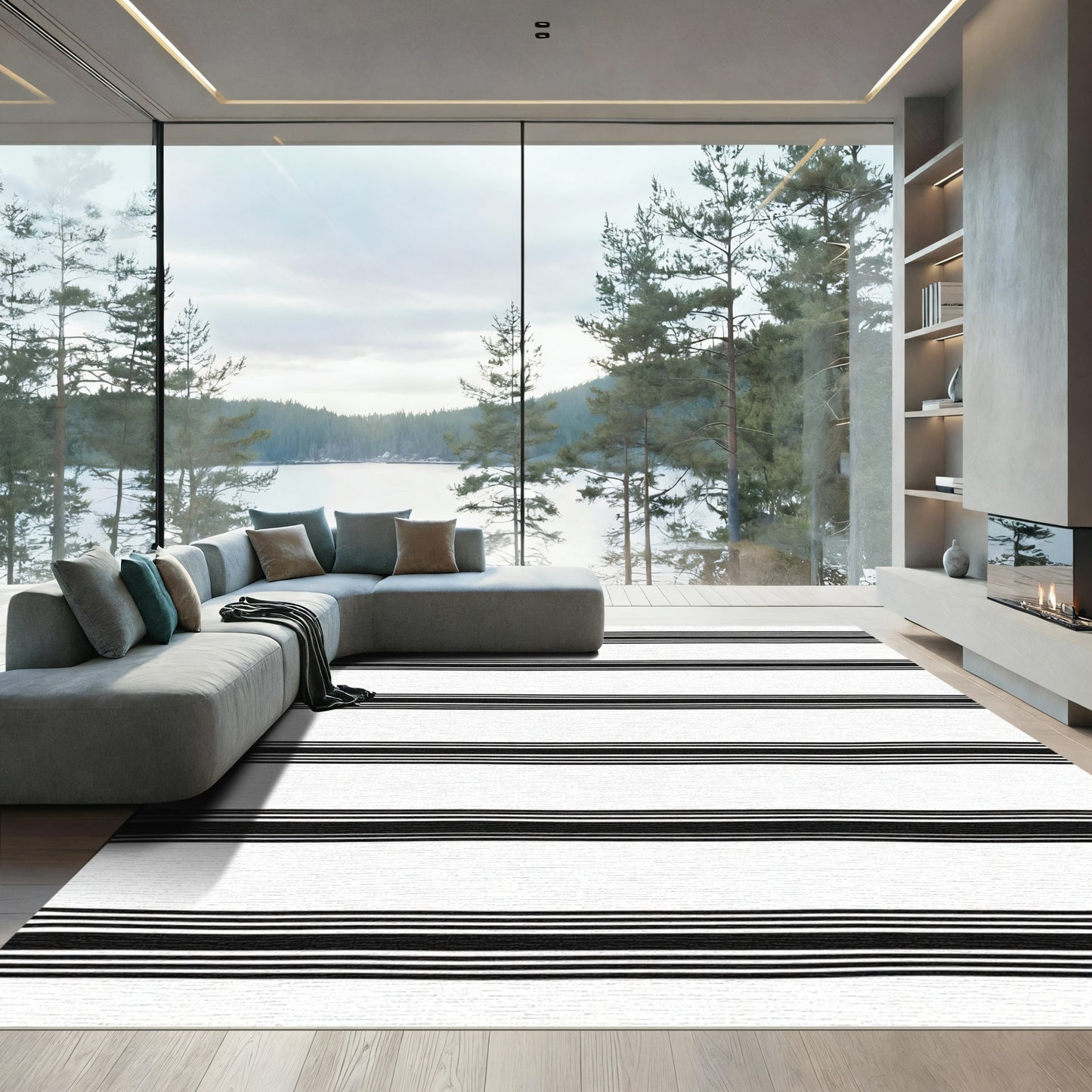 Modern Black White Striped Layout Rug