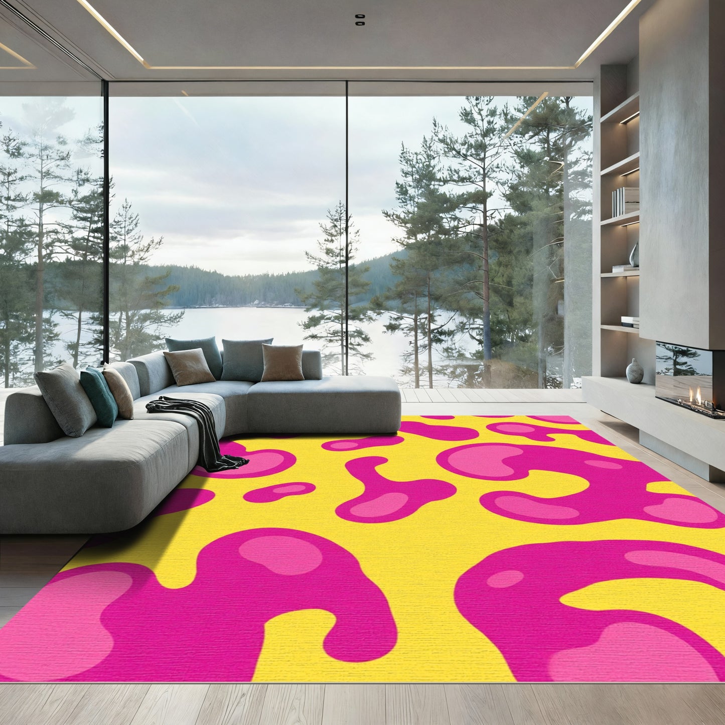 Bright Pink Blob Yellow Abstract Rug