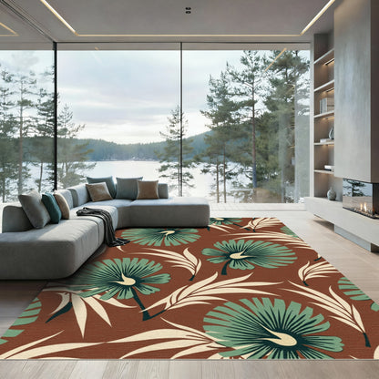 Terracotta Teal Palm Leaf Floral Rug