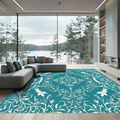 Teal White Floral Bird Garden Whimsical Rug